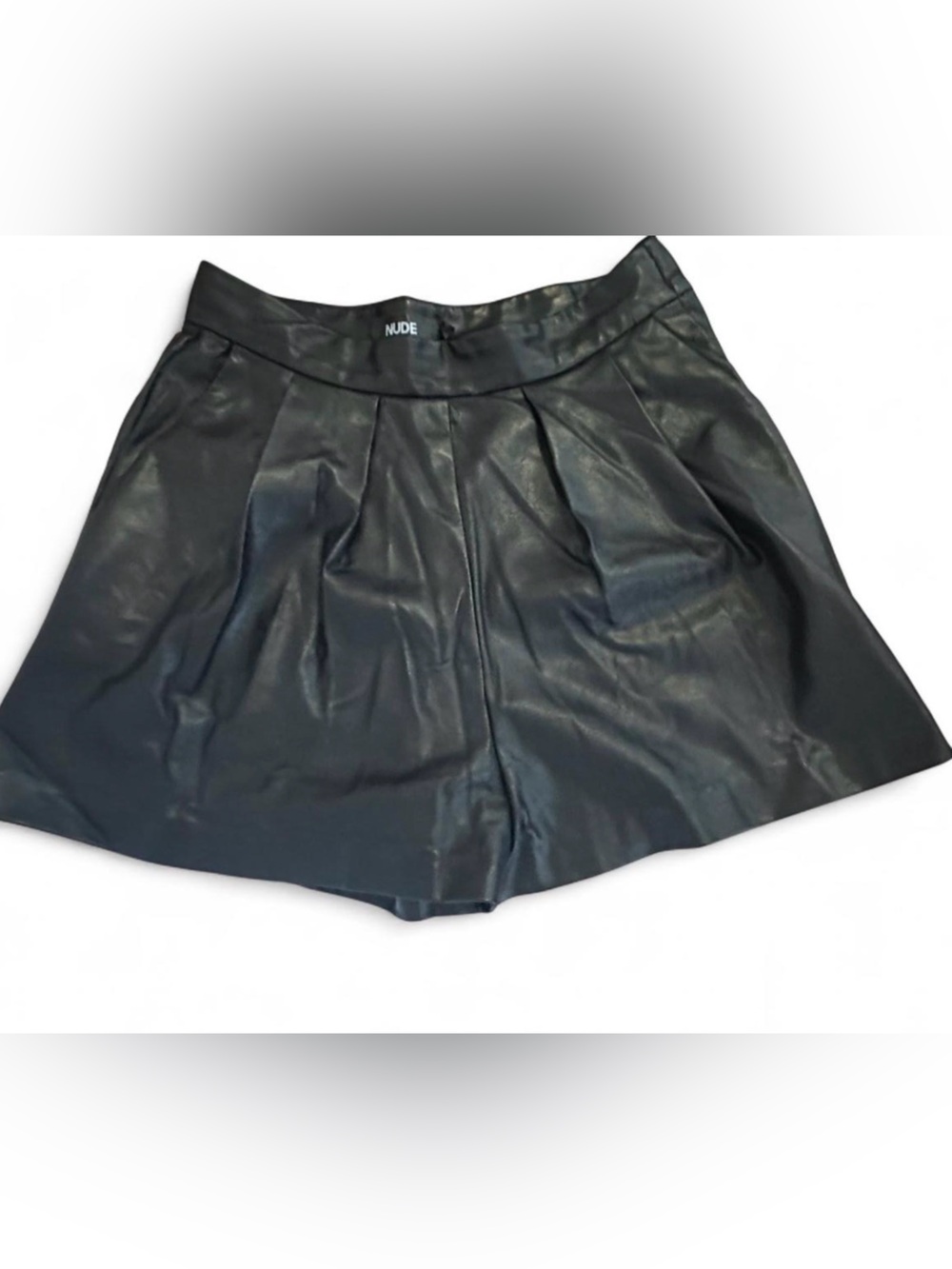 NUDE Black Faux Leather PU High-Waist Pleated Women’s Shorts